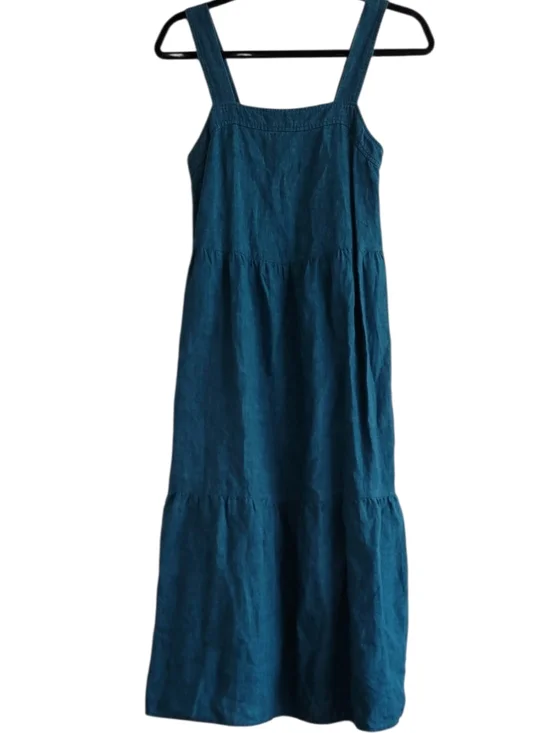 Eileen Fisher XXS Organic Linen Tiered Midi Dress Blue Square Neck Summer Beach - Picture 2 of 9